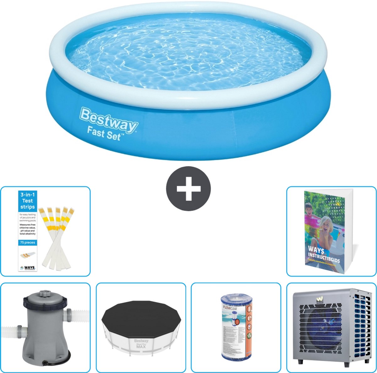 Bestway Rond Opblaasbaar Fast Set Zwembad - 366 x 76 cm - Blauw - Inclusief Pomp - Afdekzeil - Filter - Warmtepomp - 7-delig