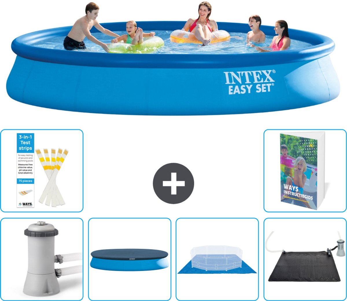 Intex Rond Opblaasbaar Easy Set Zwembad - 457 x 84 cm - Blauw - Inclusief Pomp - Afdekzeil - Grondzeil - Solar Mat - 7-delig