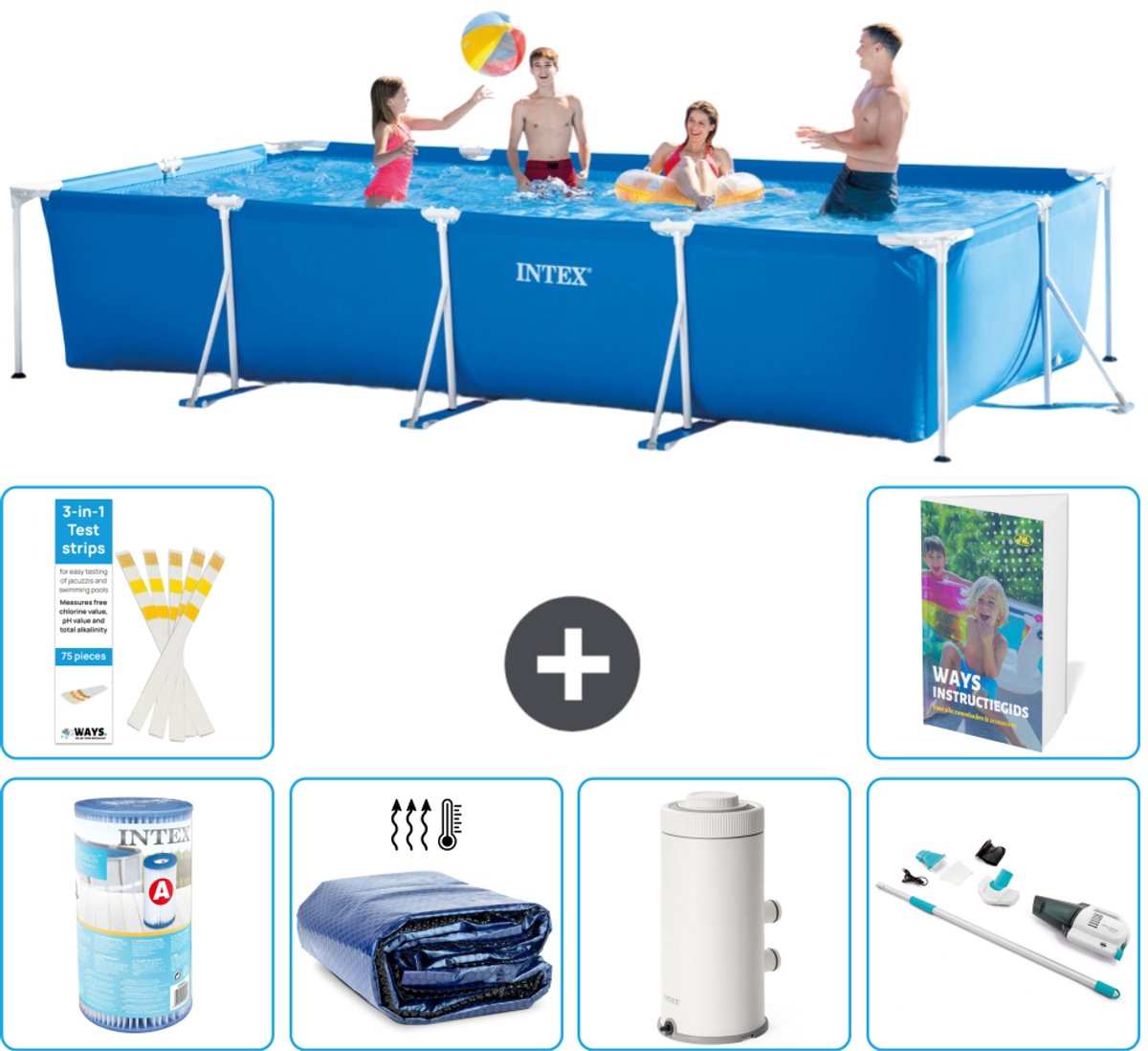 Intex Rechthoekig Frame Zwembad - 450 x 220 x 84 cm - Blauw - Inclusief Filter - Solarzeil - Zwembadfilterpomp - Stofzuiger - 7-delig