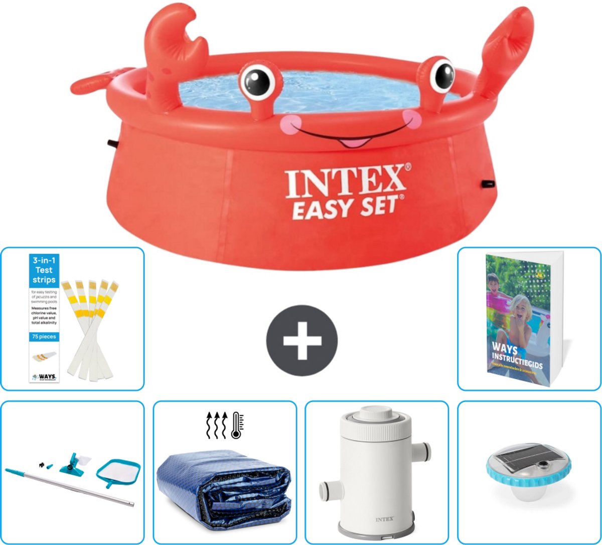 Intex Rond Opblaasbaar Easy Set Zwembad - 183 x 51 cm - Rood - Krab - Inclusief Schoonmaakset - Solarzeil - Zwembadfilterpomp - Verlichting - 7-delig