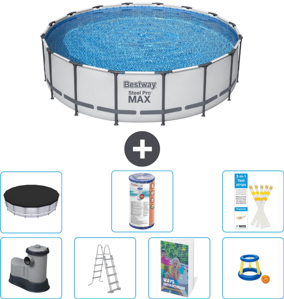 Bestway Rond Steel Pro MAX Zwembad - 488 x 122 cm - Grijs - Inclusief Pomp - Ladder - Afdekzeil - Filter - Speelgoed - 8-delig