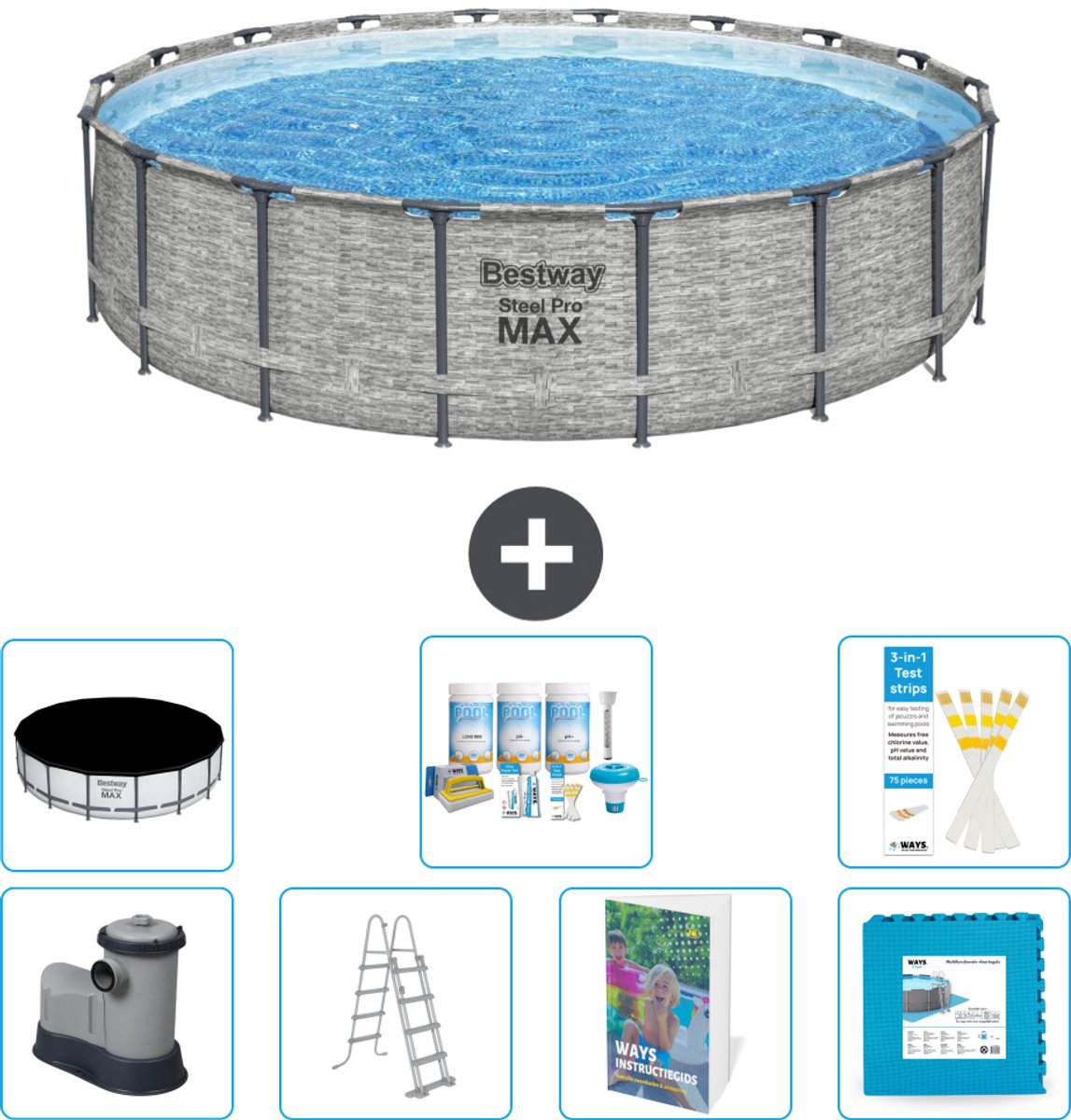 Bestway Rond Steel Pro MAX Zwembad - Steenprint - 549 x 122 - Inclusief Pomp - Ladder - Afdekzeil - Onderhoudspakket - Vloertegels - 8-delig