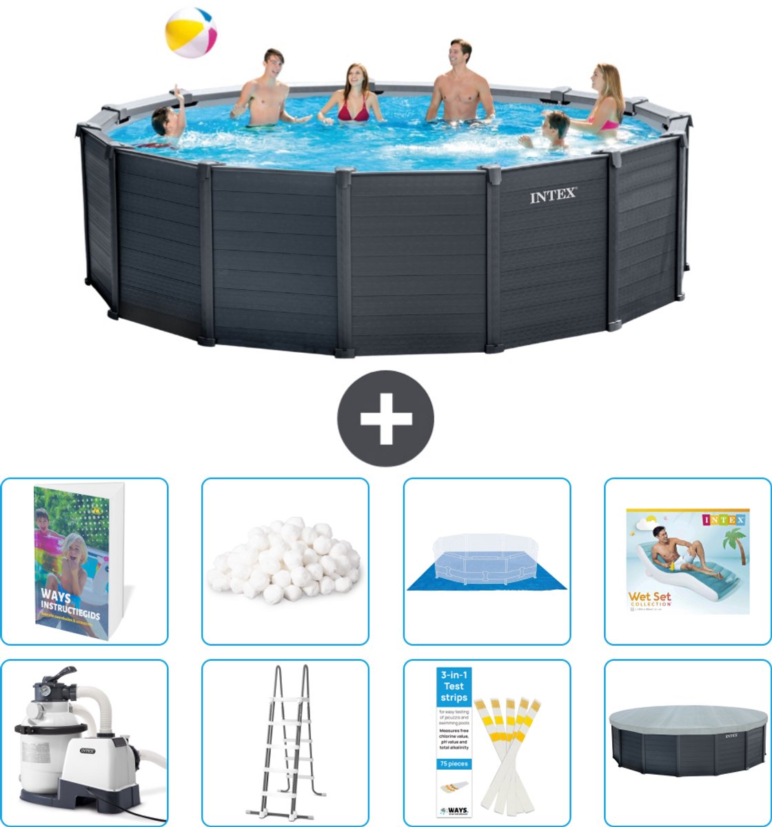Intex Rond Graphite Gray Panel Zwembad - 478 x 124 cm - Inclusief Pomp - Ladder - Grondzeil - Afdekzeil - Filterbollen - Loungebed - 9-delig