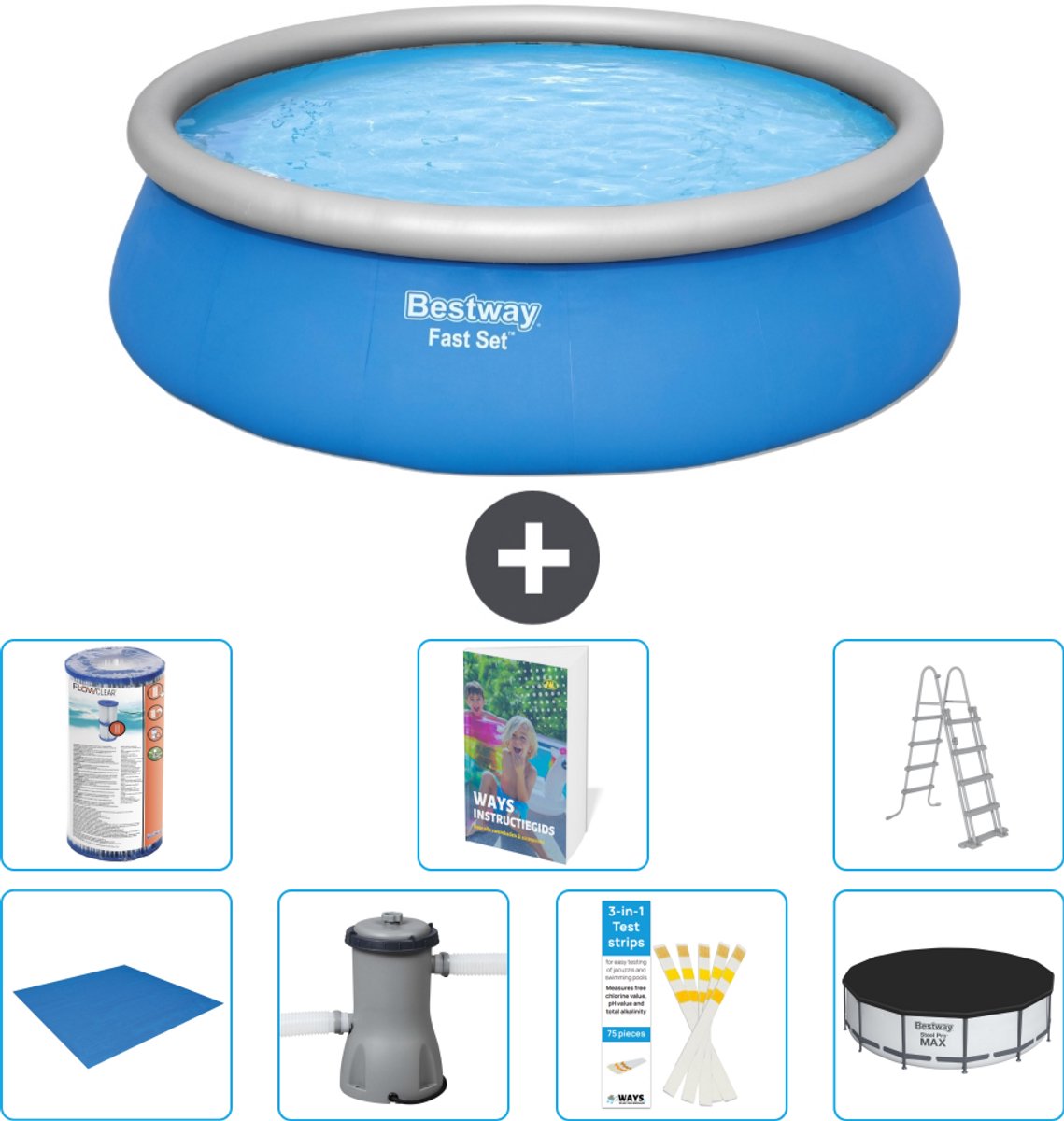 Bestway Rond Opblaasbaar Fast Set Zwembad - 457 x 122 cm - Blauw - Inclusief Pomp - Ladder - Afdekzeil - Filter - Grondzeil - 8-delig