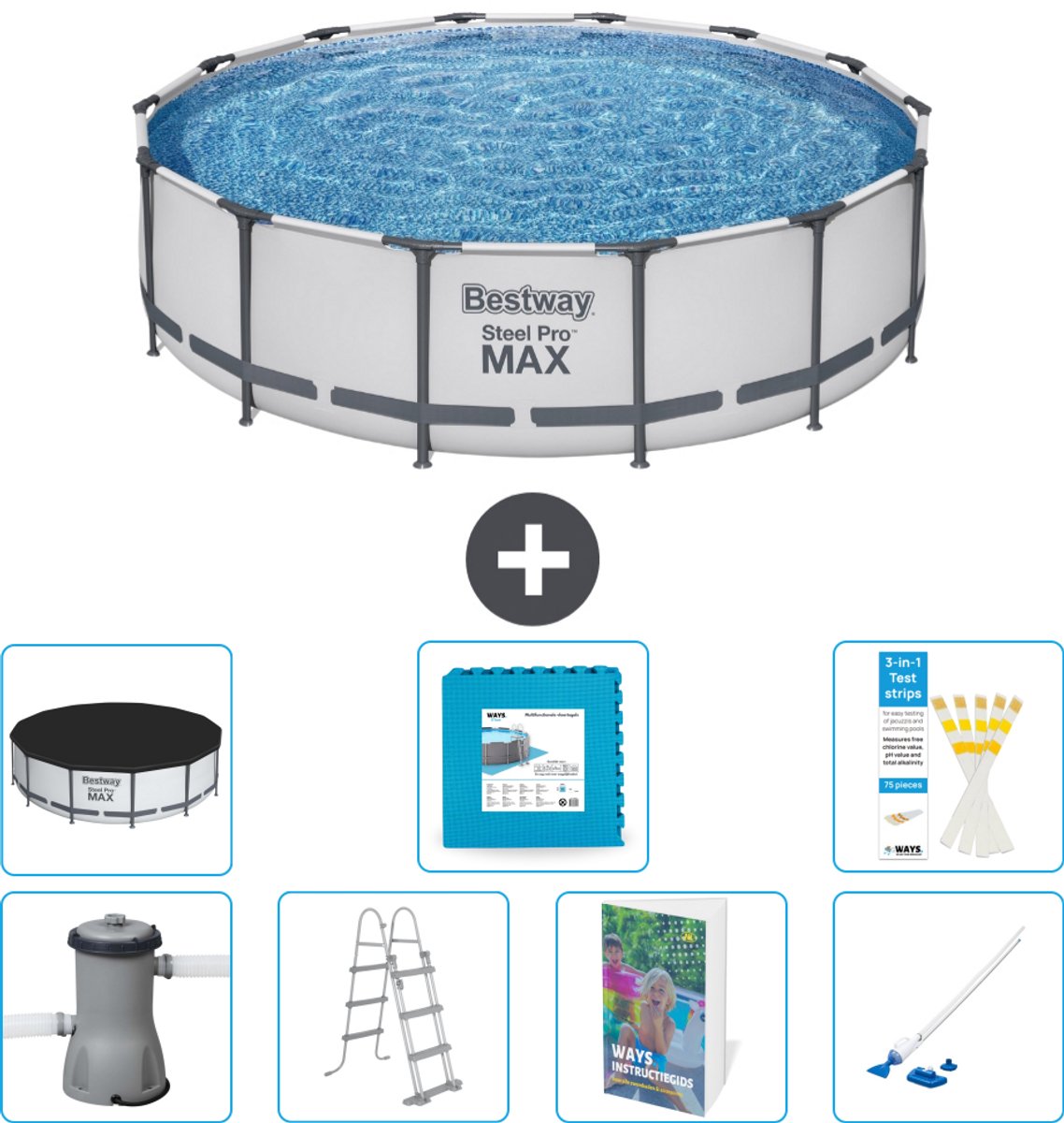 Bestway Rond Steel Pro MAX Zwembad - 427 x 107 cm - Grijs - Inclusief Pomp - Ladder - Afdekzeil - Vloertegels - Stofzuiger - 8-delig