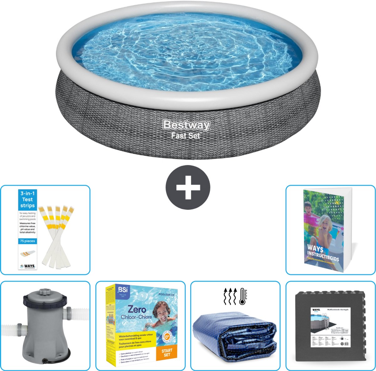 Bestway Rond Opblaasbaar Fast Set Zwembad - Rotanprint - 366 x 76 cm - Inclusief Pomp - Onderhoudspakket - Solarzeil - Vloertegels - 7-delig