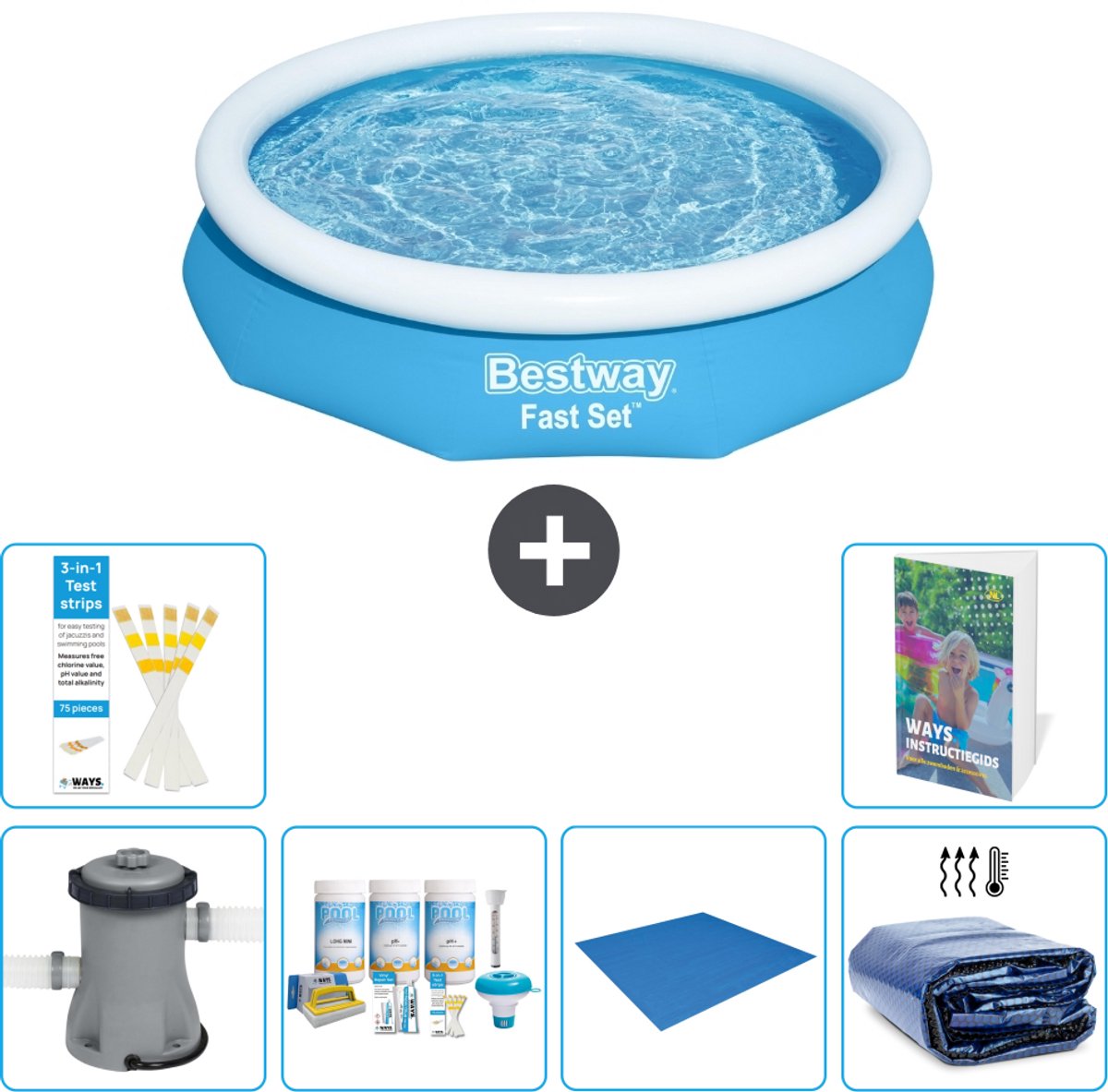 Bestway Rond Opblaasbaar Fast Set Zwembad - 305 x 66 cm - Blauw - Inclusief Pomp - Onderhoudspakket - Grondzeil - Solarzeil - 7-delig