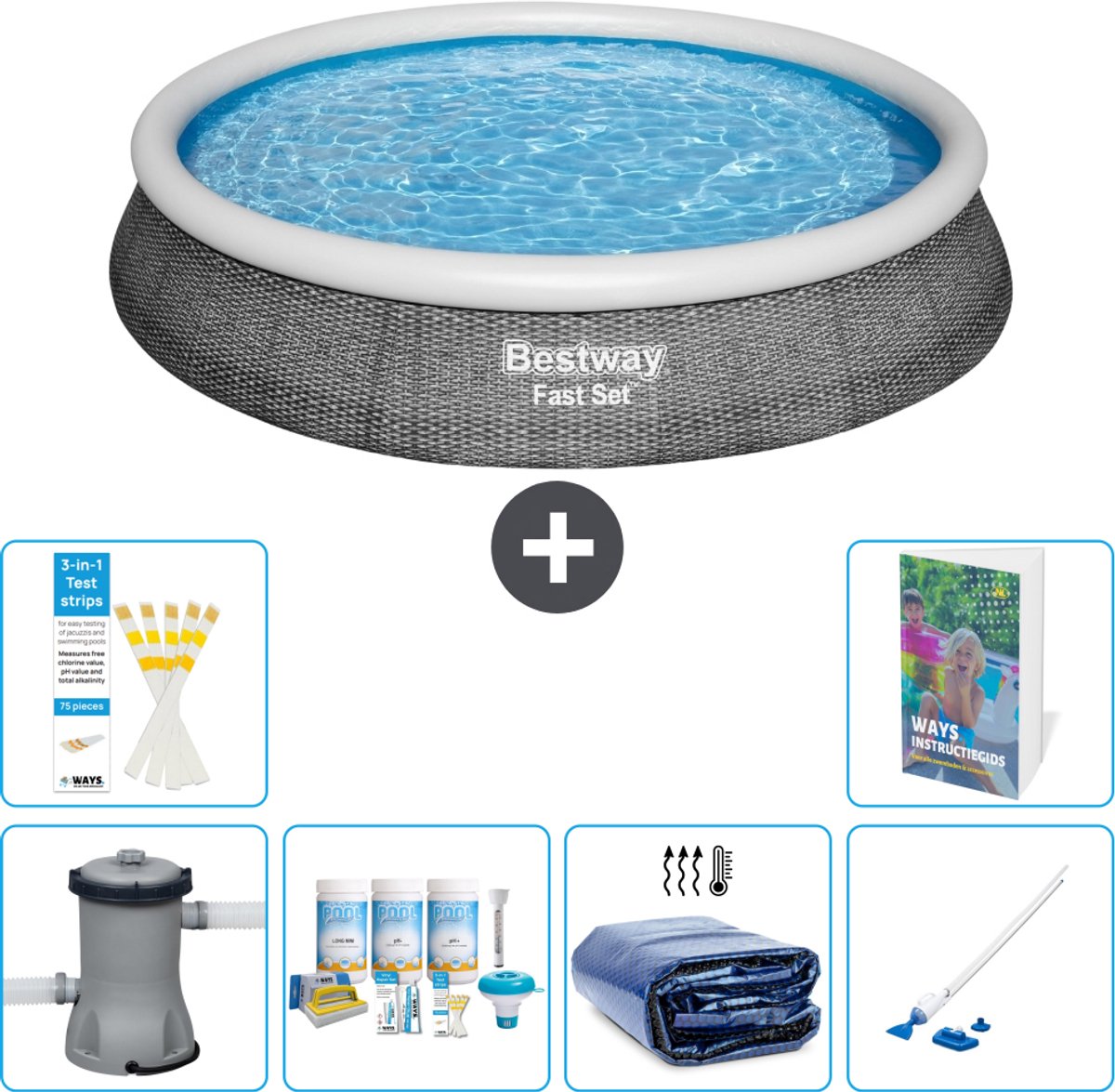 Bestway Rond Opblaasbaar Fast Set Zwembad - Rotanprint - 396 x 84 cm - Inclusief Pomp - Onderhoudspakket - Solarzeil - Stofzuiger - 7-delig