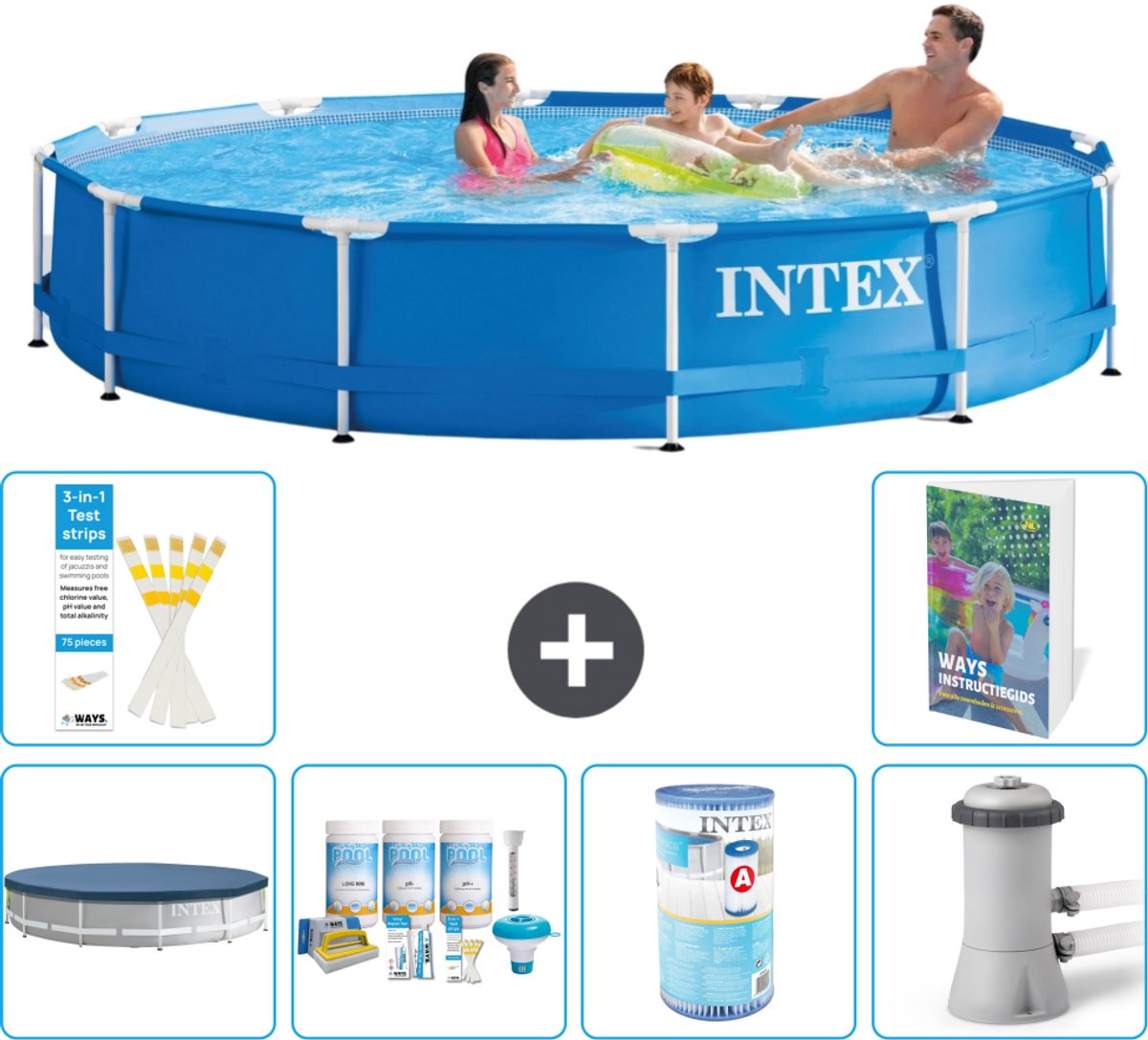 Intex Rond Frame Zwembad - 366 x 76 cm - Blauw - Inclusief Afdekzeil - Onderhoudspakket - Filter - Zwembadfilterpomp - 7-delig