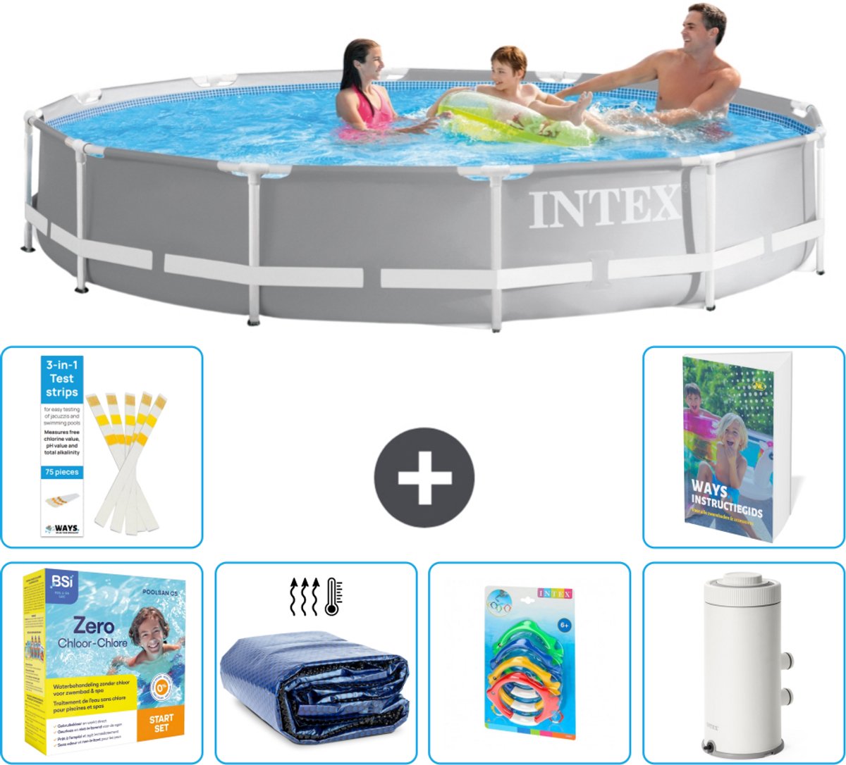 Intex Rond Prism Frame Zwembad – 366 x 76 cm – Grijs – Inclusief Onderhoudspakket – Solarzeil – Speelgoed – Zwembadfilterpomp – 7-delig
