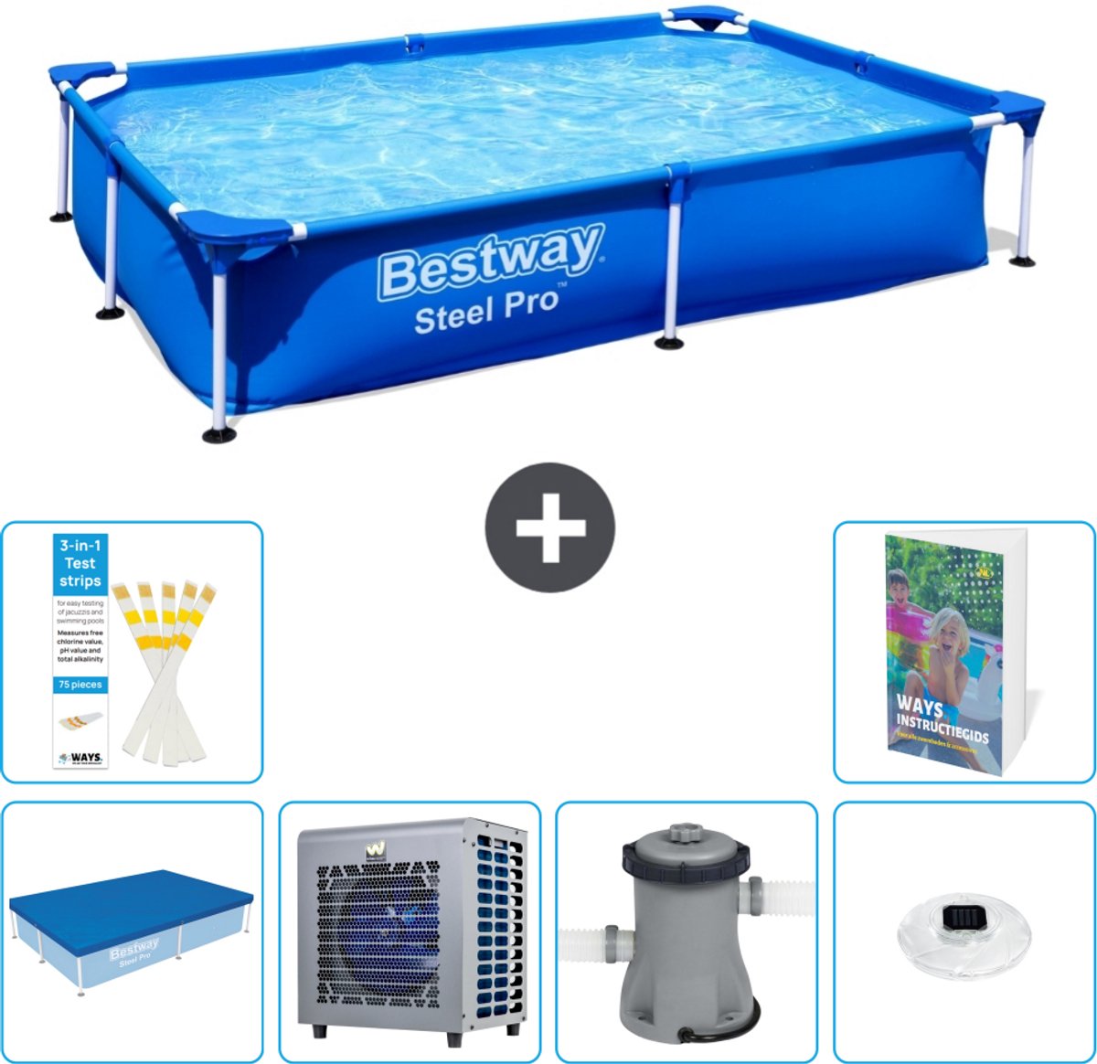 Bestway Rechthoekig Steel Pro Zwembad - 221 x 150 x 43 cm - Blauw - Inclusief Afdekzeil - Warmtepomp - Zwembadfilterpomp - Verlichting - 7-delig