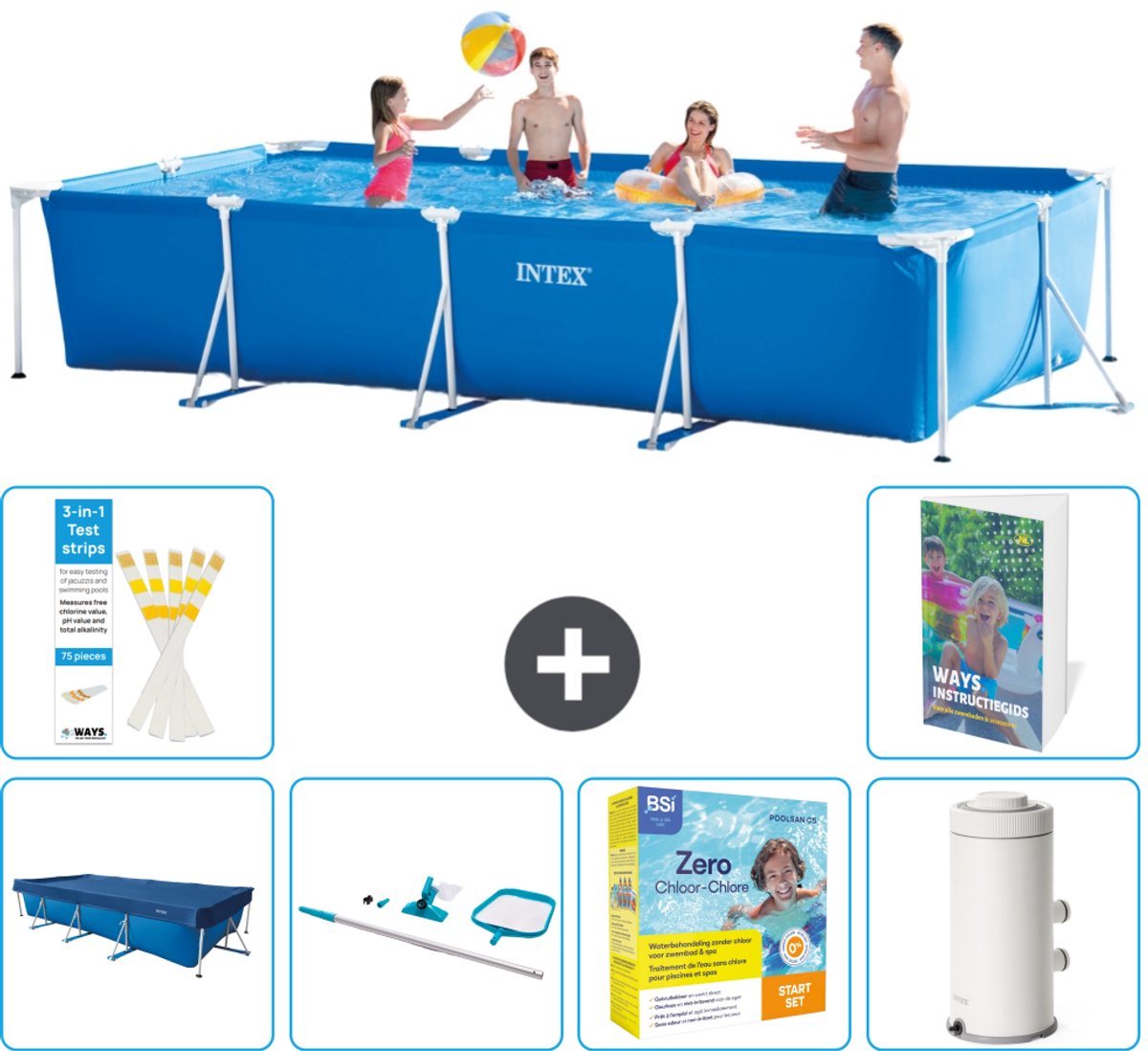 Intex Rechthoekig Frame Zwembad - 450 x 220 x 84 cm - Blauw - Inclusief Afdekzeil - Schoonmaakset - Onderhoudspakket - Zwembadfilterpomp - 7-delig