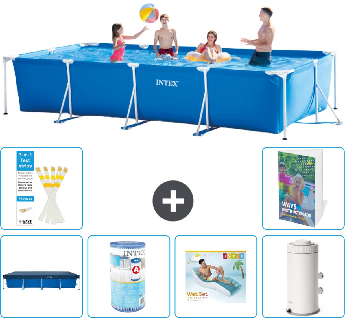 Intex Rechthoekig Frame Zwembad - 450 x 220 x 84 cm - Blauw - Inclusief Afdekzeil - Filter - Loungebed - Zwembadfilterpomp - 7-delig