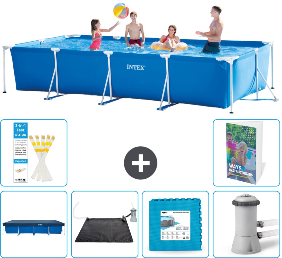 Intex Rechthoekig Frame Zwembad - 450 x 220 x 84 cm - Blauw - Inclusief Afdekzeil - Solar Mat - Vloertegels - Zwembadfilterpomp - 7-delig