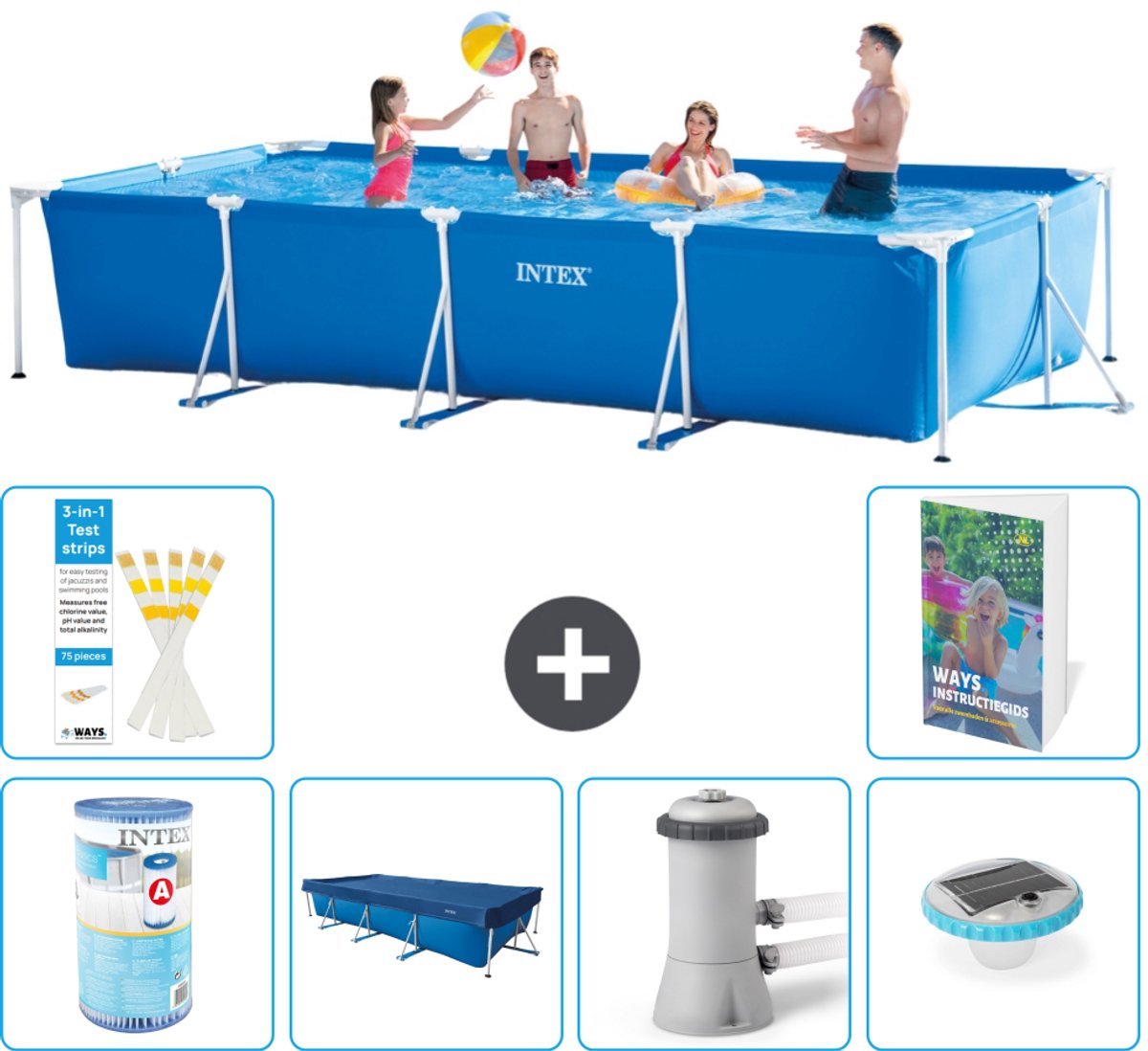 Intex Rechthoekig Frame Zwembad - 450 x 220 x 84 cm - Blauw - Inclusief Filter - Afdekzeil - Zwembadfilterpomp - Verlichting - 7-delig