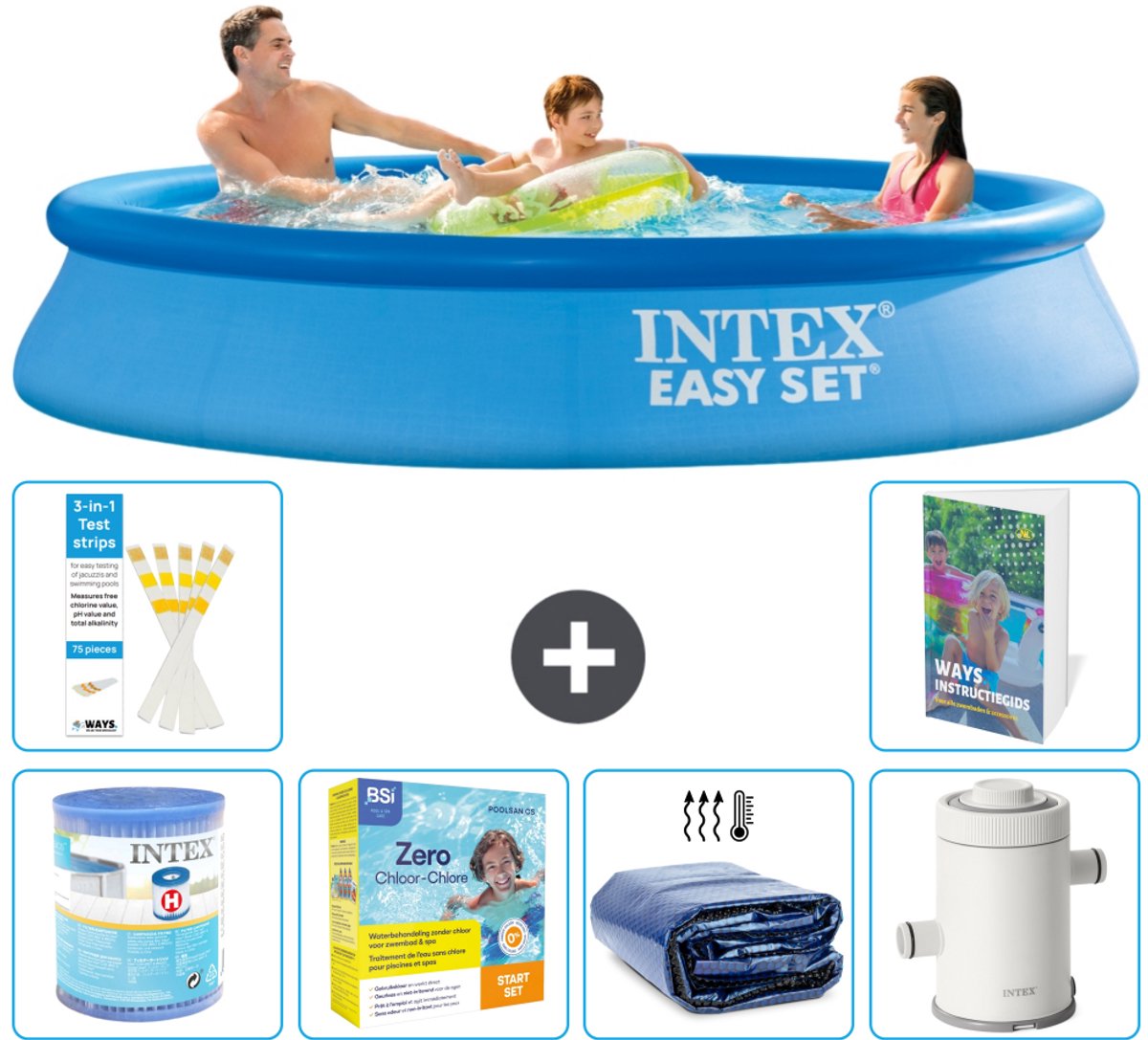 Intex Rond Opblaasbaar Easy Set Zwembad - 305 x 61 cm - Blauw - Inclusief Filter - Onderhoudspakket - Solarzeil - Zwembadfilterpomp - 7-delig