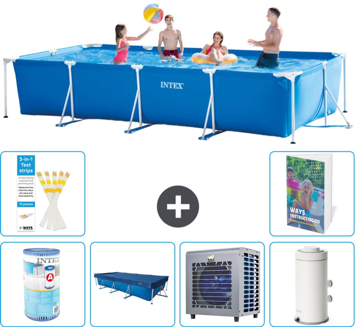 Intex Rechthoekig Frame Zwembad - 450 x 220 x 84 cm - Blauw - Inclusief Filter - Afdekzeil - Warmtepomp - Zwembadfilterpomp - 7-delig