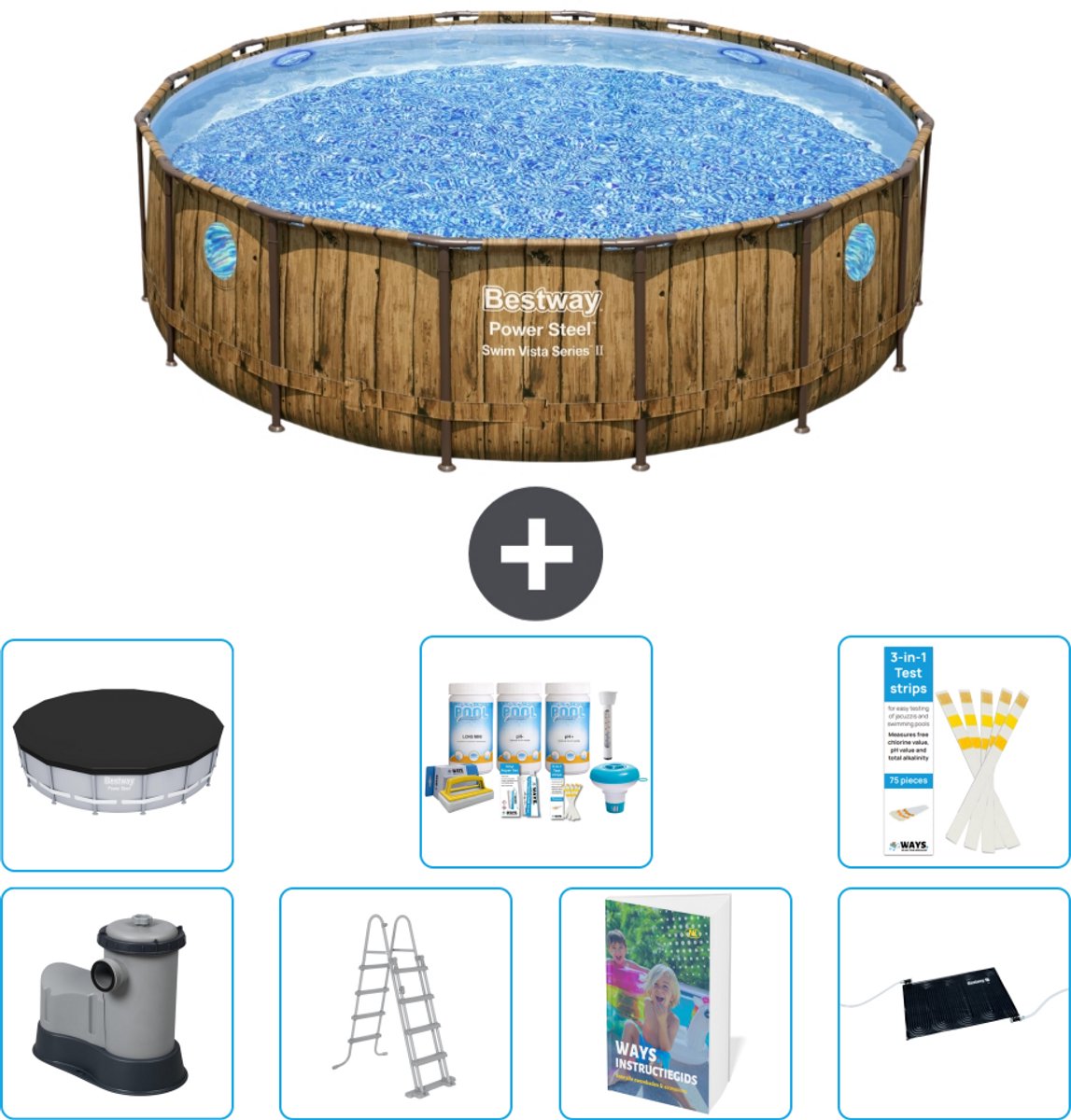 Bestway Rond Power Steel Swim Vista Zwembad - Houtprint - 488 x 122 - Inclusief Pomp - Ladder - Afdekzeil - Onderhoudspakket - Solar Mat - 8-delig