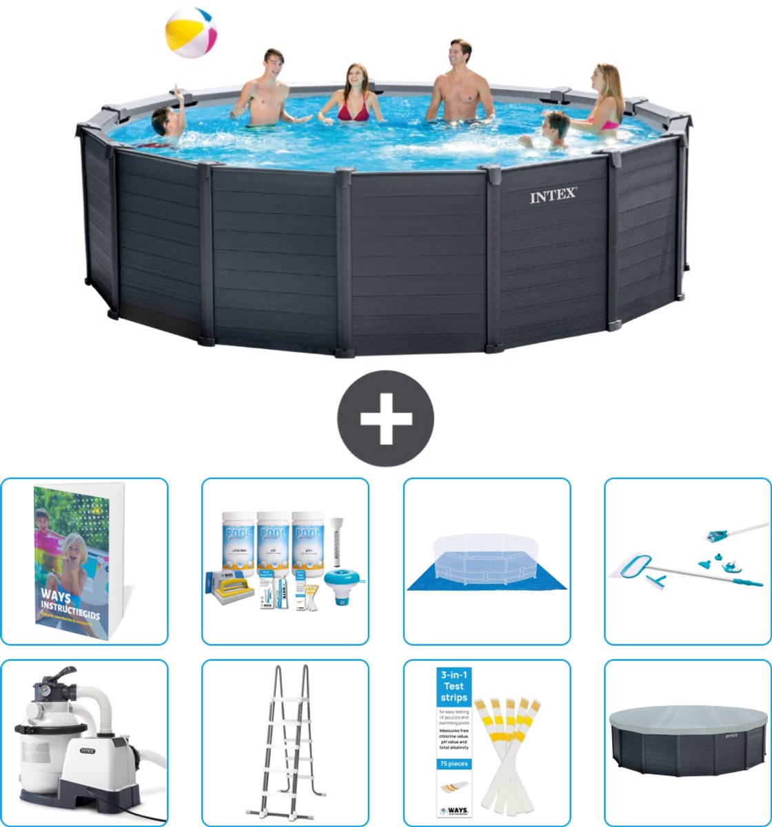 Intex Rond Graphite Gray Panel Zwembad - 478 x 124 cm - Inclusief Pomp - Ladder - Grondzeil - Afdekzeil - Onderhoudspakket - Schoonmaakset - 9-delig