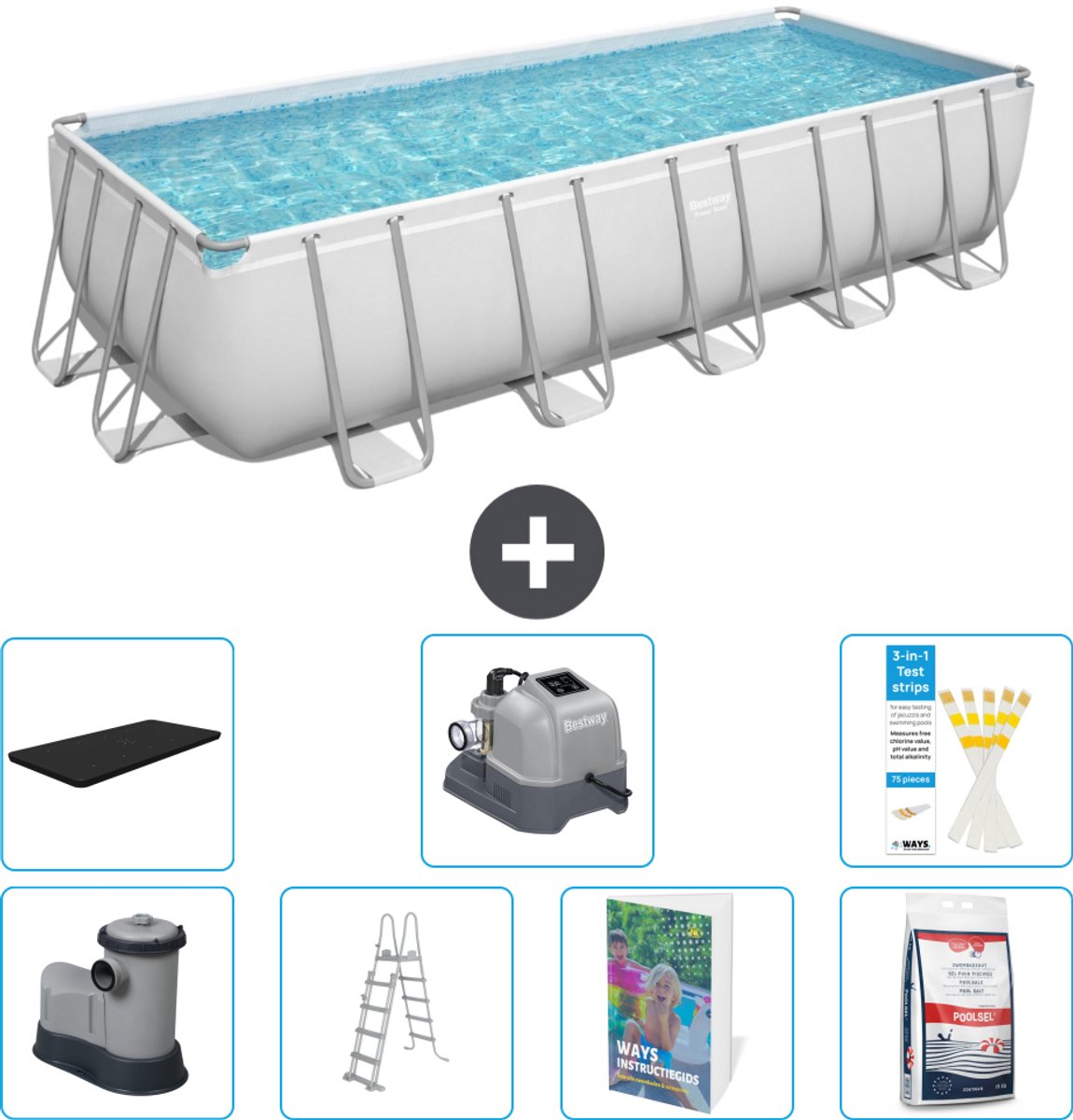 Bestway Rechthoekig Power Steel Zwembad - 640 x 274 x 132 - Grijs - Inclusief Pomp - Ladder - Afdekzeil - Zoutwatersysteem - Zwembadzout - 8-delig