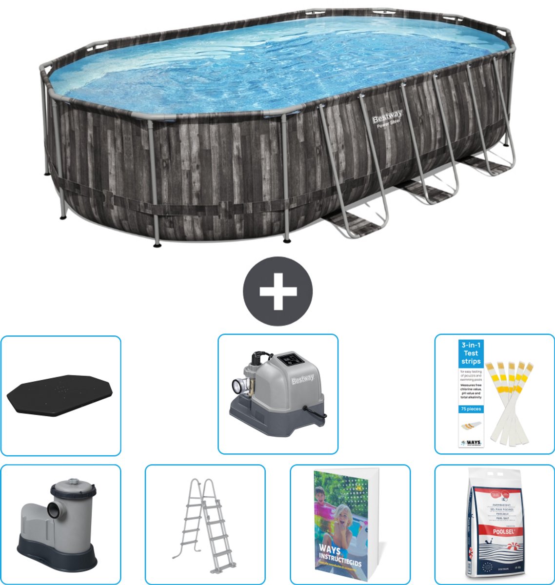Bestway Ovaal Power Steel Zwembad - 610 x 366 x 122 - Grijs - Inclusief Pomp - Ladder - Afdekzeil - Zoutwatersysteem - Zwembadzout - 8-delig