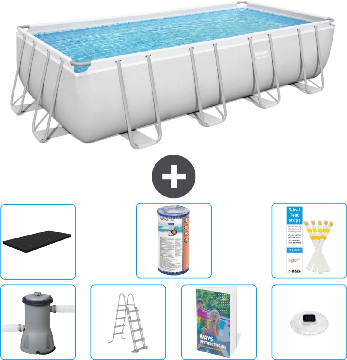 Bestway Rechthoekig Power Steel Zwembad - 488 x 244 x 122 - Grijs Inclusief Pomp - Ladder - Afdekzeil - Filter - Verlichting - 8-delig