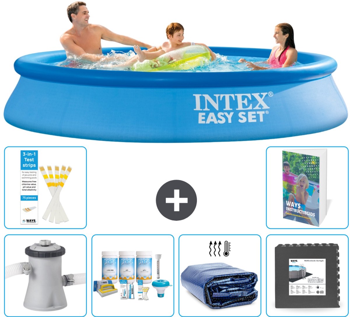 Intex Rond Opblaasbaar Easy Set Zwembad - 305 x 61 cm - Blauw - Inclusief Pomp - Onderhoudspakket - Solarzeil - Vloertegels - 7-delig