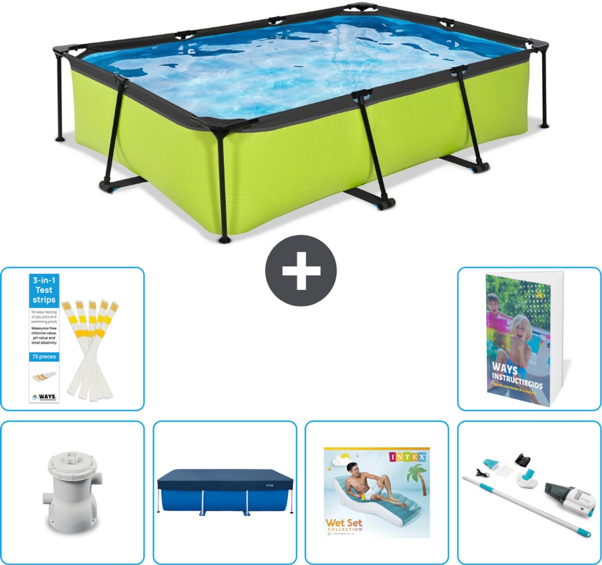 EXIT Rechthoekig Lime Frame Zwembad - 300 x 200 x 65 cm - Inclusief Pomp - Afdekzeil - Loungebed - Stofzuiger - 7-delig