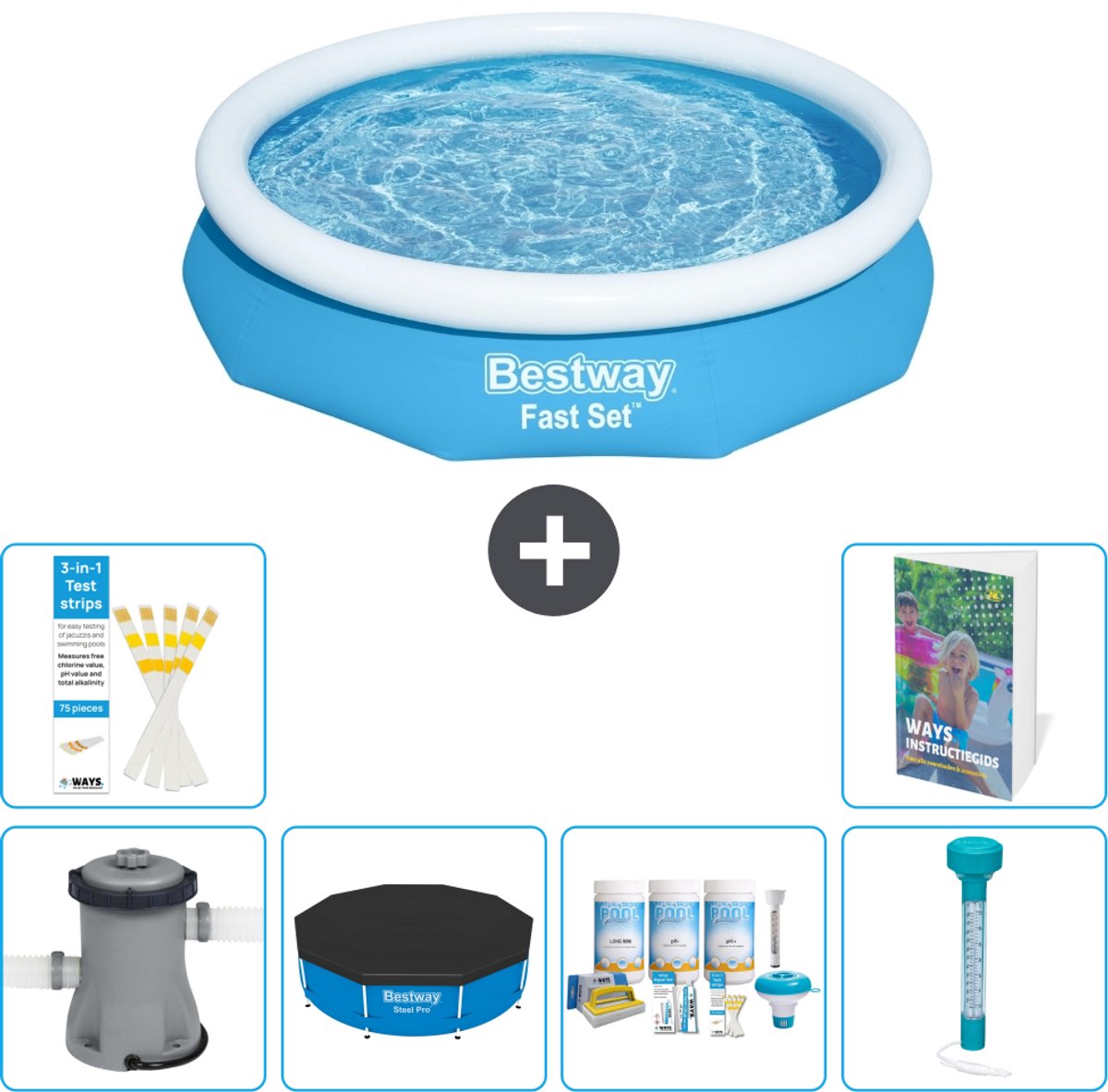 Bestway Rond Opblaasbaar Fast Set Zwembad - 305 x 66 cm - Blauw - Inclusief Pomp - Afdekzeil - Onderhoudspakket - Thermometer - 7-delig