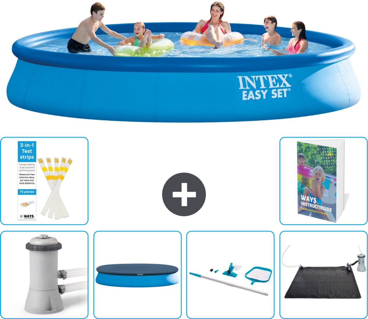 Intex Rond Opblaasbaar Easy Set Zwembad - 457 x 84 cm - Blauw - Inclusief Pomp - Afdekzeil - Schoonmaakset - Solar Mat - 7-delig