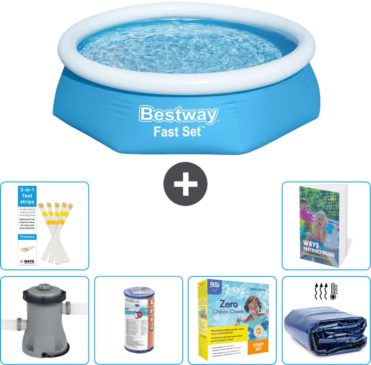 Bestway Rond Opblaasbaar Fast Set Zwembad - 244 x 61 cm - Blauw - Inclusief Pomp - Filter - Onderhoudspakket - Solarzeil - 7-delig