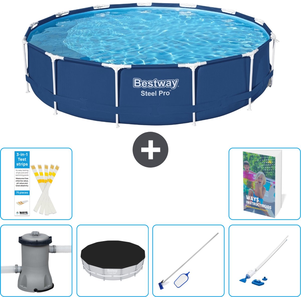 Bestway Rond Steel Pro Zwembad - 396 x 84 cm - Blauw - Inclusief Pomp - Afdekzeil - Schoonmaakset - Stofzuiger - 7-delig