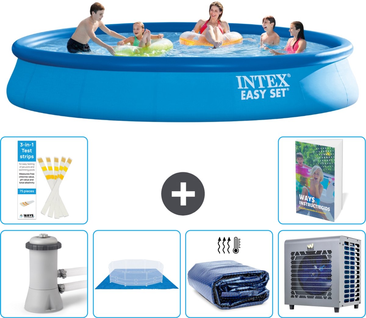 Intex Rond Opblaasbaar Easy Set Zwembad - 457 x 84 cm - Blauw - Inclusief Pomp - Grondzeil - Solarzeil - Warmtepomp - 7-delig