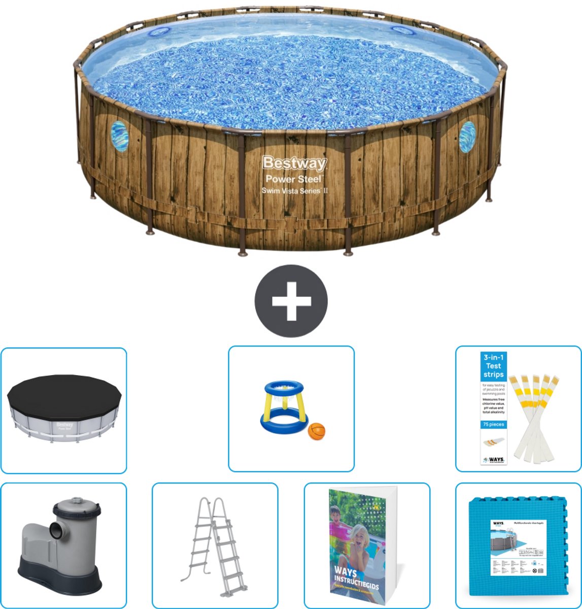 Bestway Rond Power Steel Swim Vista Zwembad - Houtprint - 488 x 122 - Inclusief Pomp - Ladder - Afdekzeil - Speelgoed - Vloertegels - 8-delig