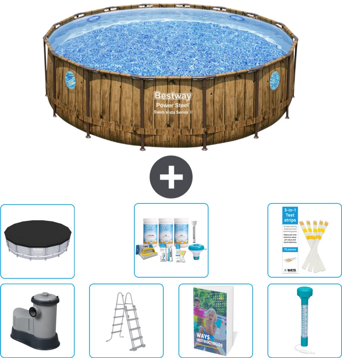 Bestway Rond Power Steel Swim Vista Zwembad - Houtprint - 488 x 122 - Inclusief Pomp - Ladder - Afdekzeil - Onderhoudspakket - Thermometer - 8-delig