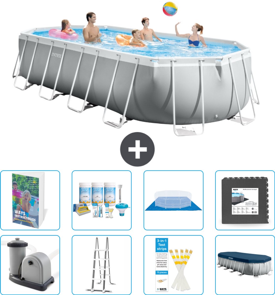 Intex Ovaal Prism Frame Zwembad - 610 x 305 x 122 cm - Grijs - Inclusief Pomp - Ladder - Grondzeil - Afdekzeil - Onderhoudspakket - Vloertegels - 9-delig