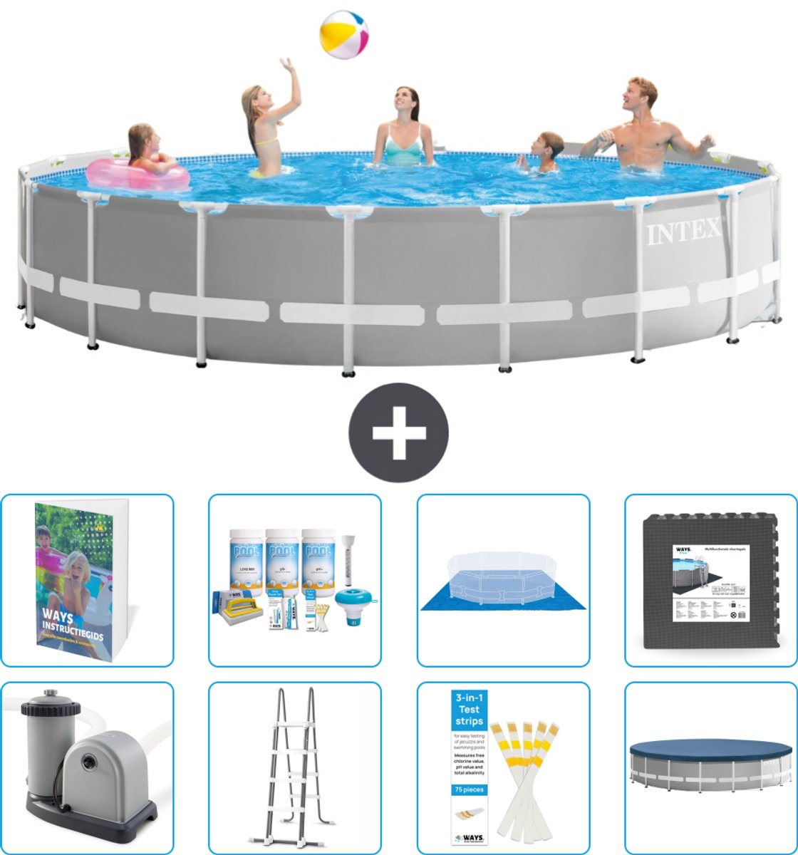 Intex Rond Prism Frame Zwembad - 548 x 122 cm - Grijs - Inclusief Pomp - Ladder - Grondzeil - Afdekzeil - Onderhoudspakket - Vloertegels - 9-delig