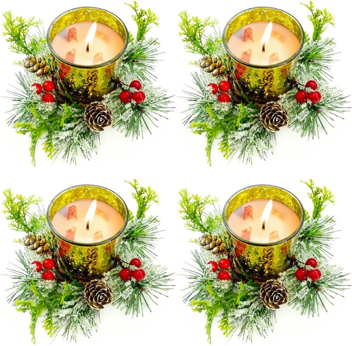SnelShoppen - Tealight Houder Kerst Lantern Glazen Kaarsenhouder Set van 4 Theelichtjes met Rode Bessen, Dennenappels en IJs Crystal Look voor Advent