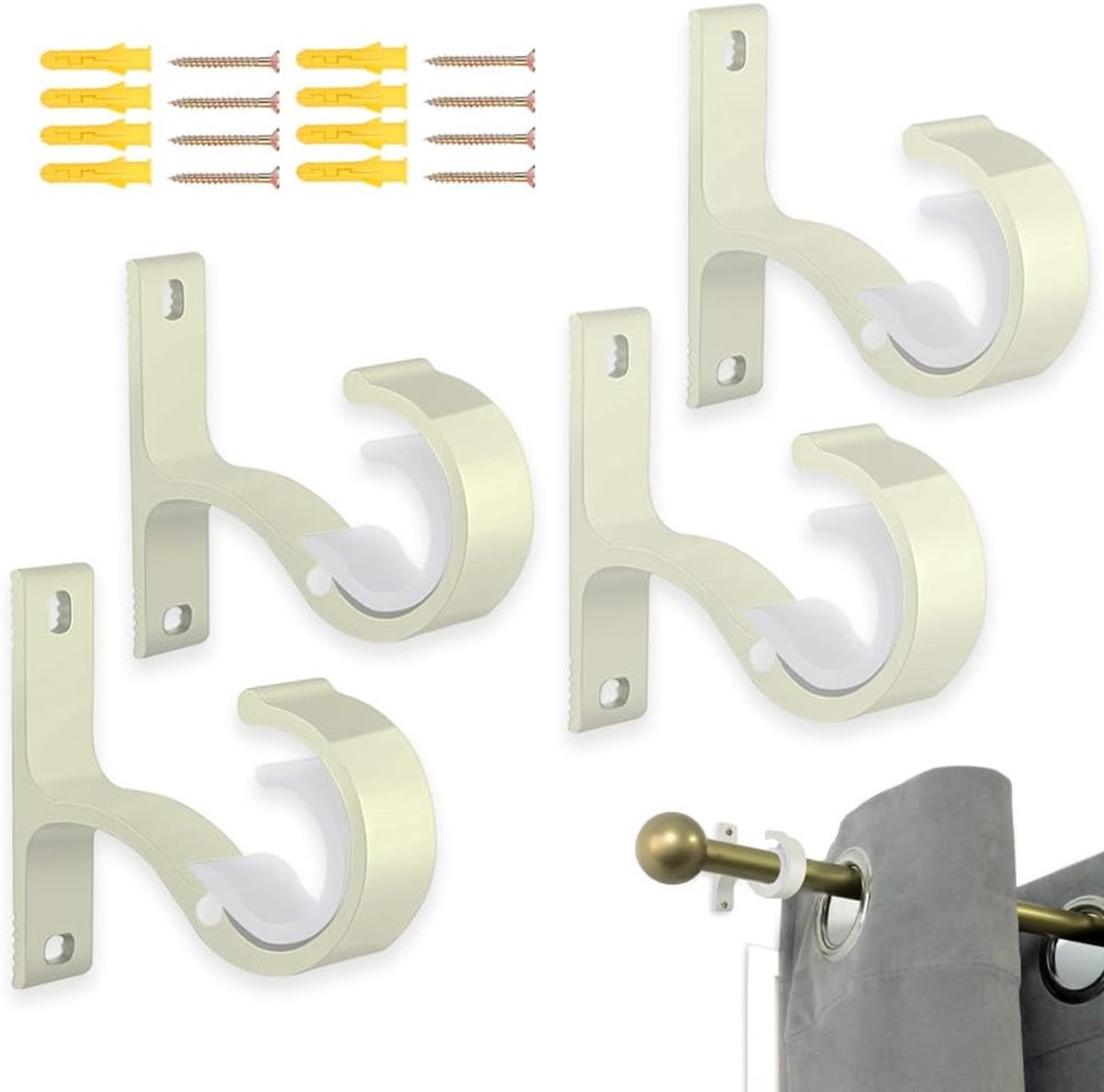 SnelShoppen - 4x Stevige Gordijnroede Beugels voor Ø20-28mm Stangen, Premium Aluminium Haak voor Plafondmontage, Kledingrek Haken, Inclusief Schroeven
