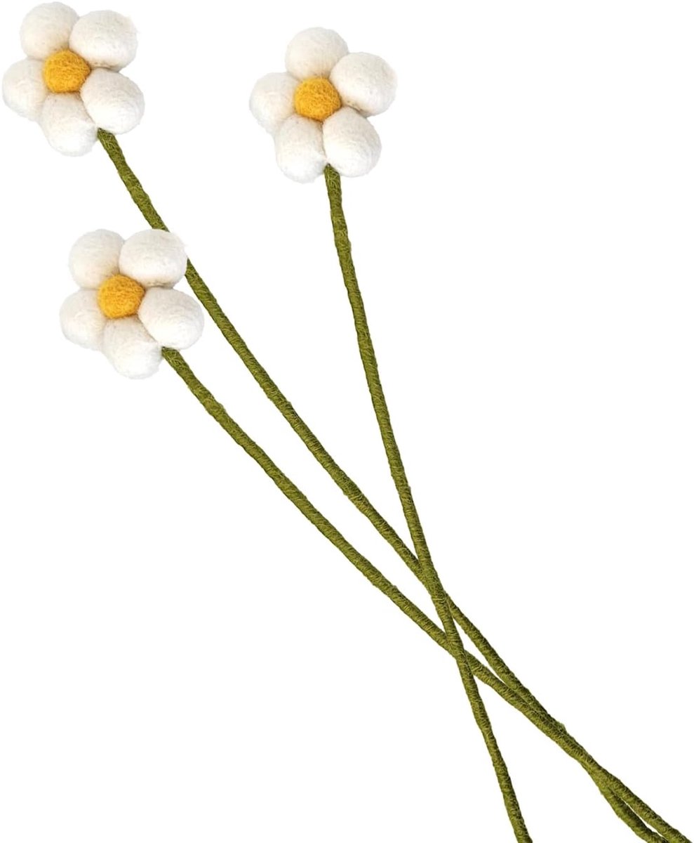SnelShoppen - Viltbloemen, handgemaakte decoratieve bloemen, fair trade, duurzame viltdecoratie, realistische kunstbloemen, 3 stuks met witte bloemen