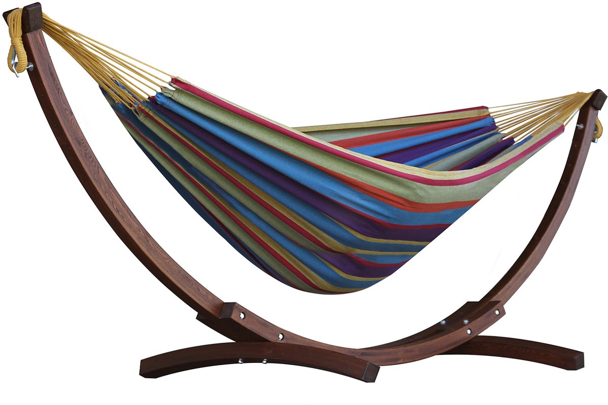 SnelShoppen - Dubbele Katoenen Hangmat met Standaard van Massief Grenen voor Tuin, Camping en Feest - Comfortabele Hangmat voor 2 Personen in Natuurli