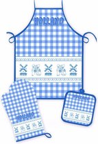 Keuken textiel set | Keukenschort met ovenwant en pannenlap | Blauw /wit geruit | Holland
