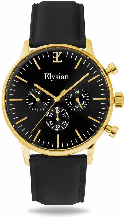 Montres Elysian pour Homme - Or - Cuir Zwart Classique - Acier Inoxydable - Étanche 5 Bar - Glas Saphir Sans Rayures - Chronographe - Ø 43mm - Montre Homme - Cadeau pour Homme