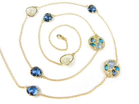 Zilveren collier halsketting geel goud verguld Model Colorful Shine gezet met blauwe stenen