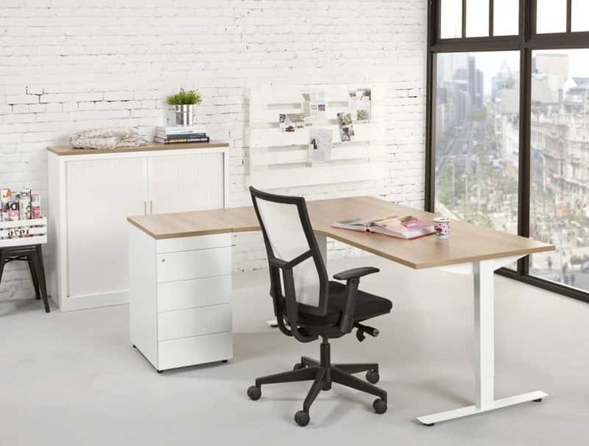 ABC Kantoormeubelen Ergonomisch t-poot wingbureau Design Teez breed 180CM diep 120CM bladkleur Ahorn framekleur Zwart (RAL9005) wingzijde Links