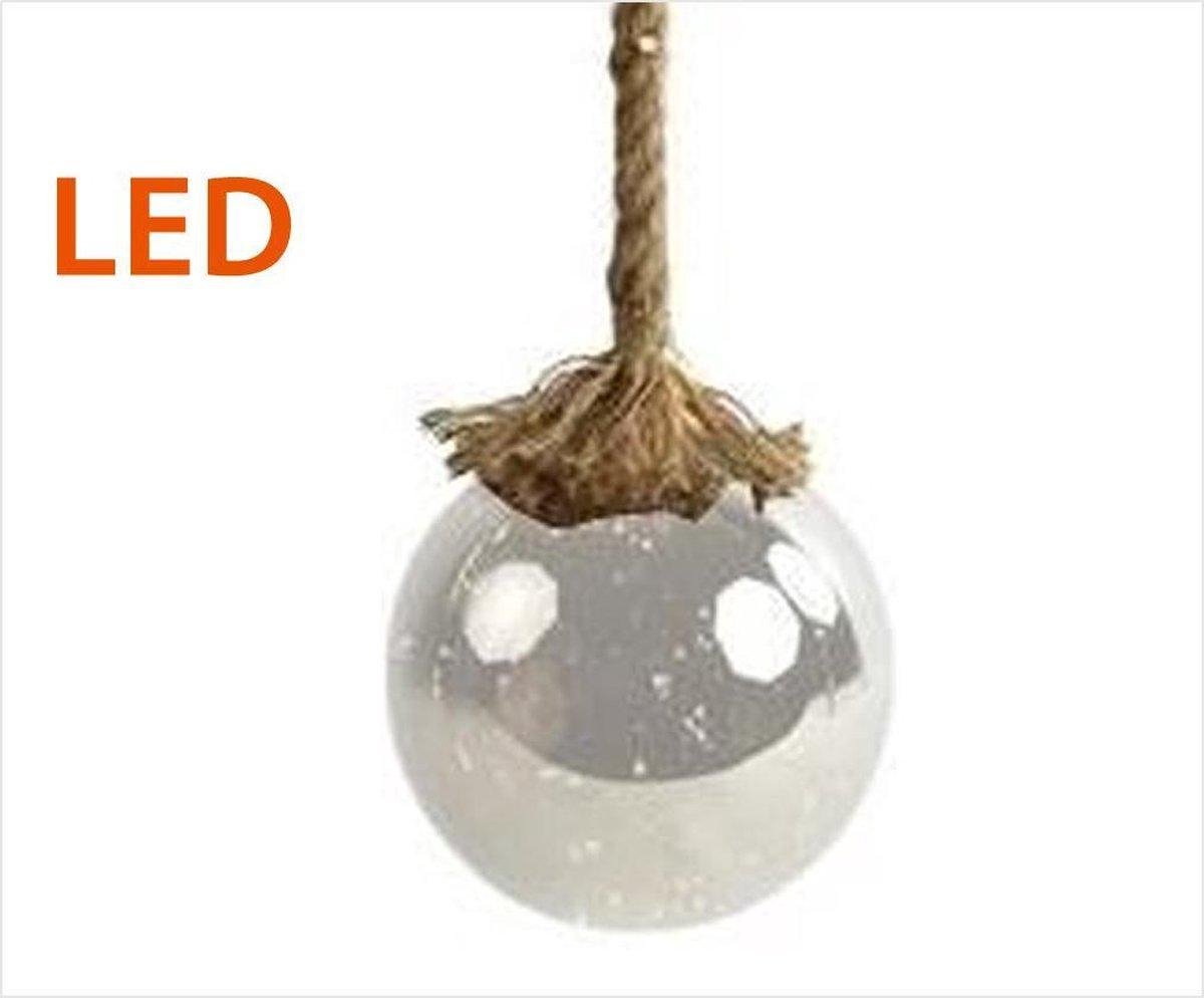 Glazen Bal transparant met LED - 15 cm - Jute touw 95 cm