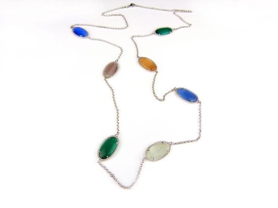Zilveren halsketting halssnoer collier Model Oval gezet met gekleurde stenen