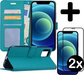 Hoesje Geschikt voor iPhone 12 Pro Hoesje Book Case Hoes Portemonnee Cover Walletcase Met 2x Screenprotector - Hoes Geschikt voor iPhone 12 Pro Hoes Bookcase Hoesje - Turquoise