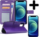 Hoes voor iPhone 12 Pro Hoesje Book Case Met Screenprotector Tempered Glass - Hoes voor iPhone 12 Pro Case Hoesje Cover - Hoes voor iPhone 12 Pro Hoes Wallet Case Hoesje - Paars