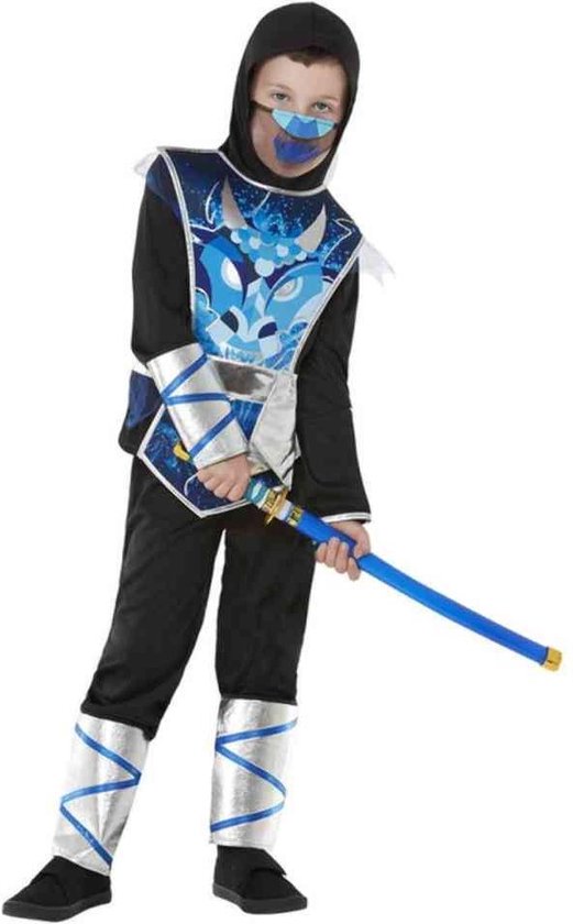 Smiffy's - Ninja & Samurai Kostuum - Ninja Warrior Futuristisch Blauw - Jongen - Blauw, Zwart, Zilver - Medium - Carnavalskleding - Verkleedkleding